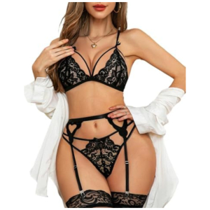 Women Lingerie Set with Garter Belt Bra and Panty Sets Lace Bodydoll Bodysuit Free Size Black Color(No Stocking)