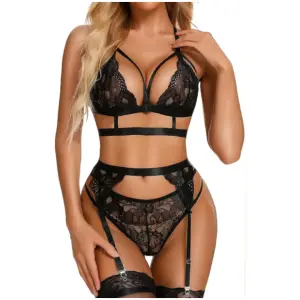 Women Lingerie Set with Garter Belt Bra and Panty Sets Lace Bodydoll Bodysuit Free Size Black Color(No Stocking)