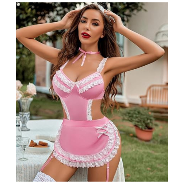 Women Lingerie Sets Lace V Neck Teddy Babydoll 3 Pack Lingerie Costumes Sleepwear Dress Free Size Pink Color - Image 4