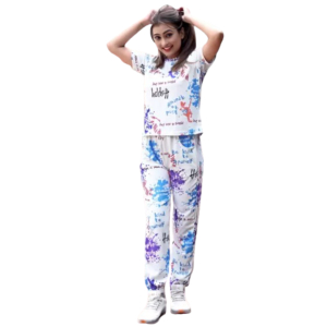 Women Lycre Tie-Dye Printed Top and Pajama Pants Regular Fit Night Suit Medium Size Multicolor
