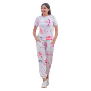 Women Lycre Tie-Dye Printed Top and Pajama Pants Regular Fit Night Suit Medium Size Multicolor