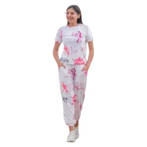 Women Lycre Tie-Dye Printed Top and Pajama Pants Regular Fit Night Suit Medium Size Multicolor