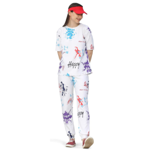 Women Lycre Tie-Dye Printed Top and Pajama Pants Regular Fit Night Suit Medium Size Multicolor