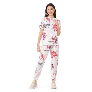 Women Lycre Tie-Dye Printed Top and Pajama Pants Regular Fit Night Suit Medium Size Multicolor