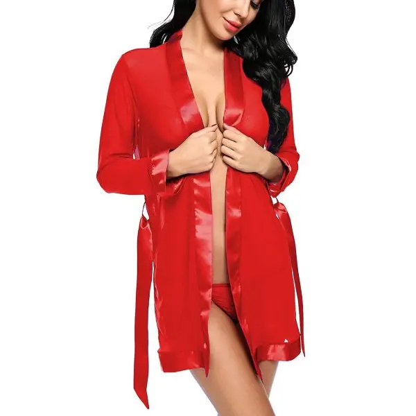 Women Mesh Robe with Satin Border Babydoll Lingerie Free Size Red Color - Image 2