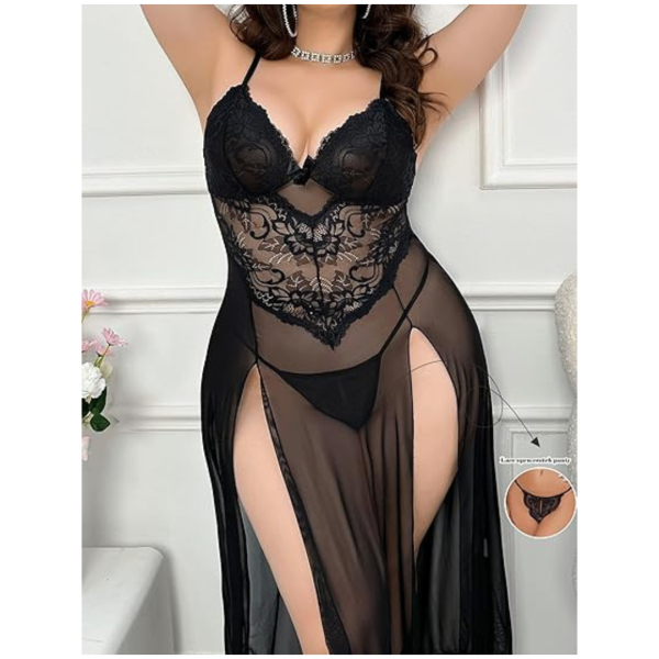 Women Nightdress Maxi Lingerie Lace Babydoll Sleepwear For Honeymoon First Night Bridal Nightdress Free Size Black Color - Image 4