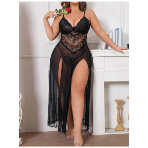 Women Nightdress Maxi Lingerie Lace Babydoll Sleepwear For Honeymoon First Night Bridal Nightdress Free Size Black Color