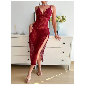 Women Nightdress Maxi Lingerie Lace Babydoll Sleepwear With G-String Panty For Honeymoon First Night Bridal Nightdress Free Size Maroon Color