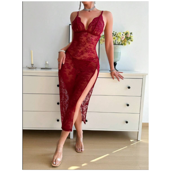 Women Nightdress Maxi Lingerie Lace Babydoll Sleepwear With G-String Panty For Honeymoon First Night Bridal Nightdress Free Size Maroon Color