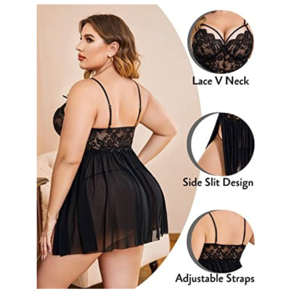 Women Nightwear Lingerie Babydoll NightDress With G String Panty Free Size Black Color - Image 2