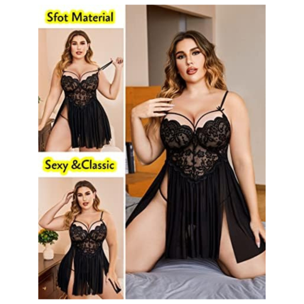 Women Nightwear Lingerie Babydoll NightDress With G String Panty Free Size Black Color - Image 3