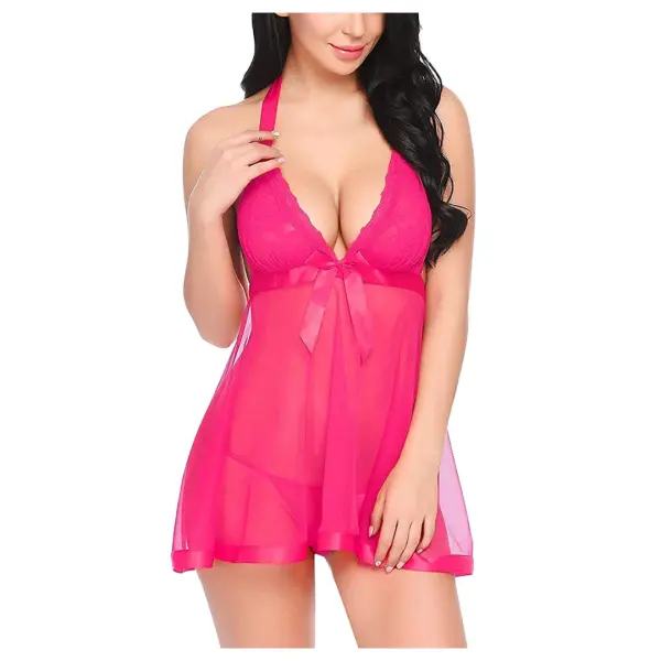 Women Polyamide, Spandex & Lace Plain Above knee Baby Doll With G String Panty Free Size Pink Color - Image 3