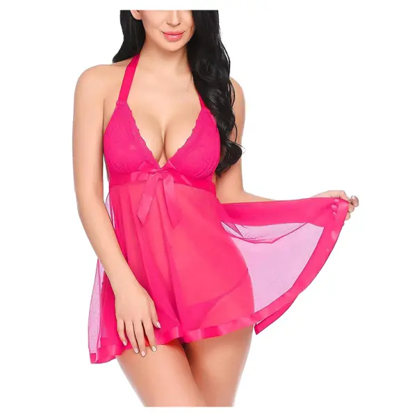 Women Polyamide, Spandex & Lace Plain Above knee Baby Doll With G String Panty Free Size Pink Color - Image 4
