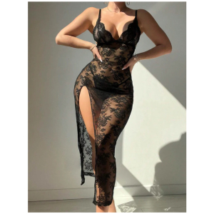 Women Sexy Nightdress Maxi Lingerie Lace Babydoll Sleepwear With G-String Panty For Honeymoon First Night Bridal Nightdress Free Size Black Color