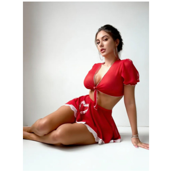 Women Two-Piece Costume Set, Red Nurse Roleplay Dress with Heart Design and Lace Trim, V-neck Short Sleeve With G-string Panty Free Size Red Color - Image 5