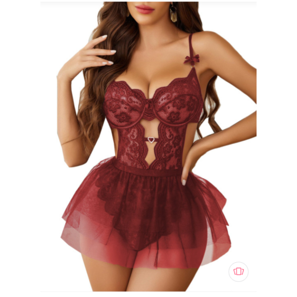 Women's Lace Lingerie Set Underwear Set Corsage Negligee Babydoll Bow Lingerie Outfit with Removable Mesh Mini Skirt Maroon Color Free Size - Image 3