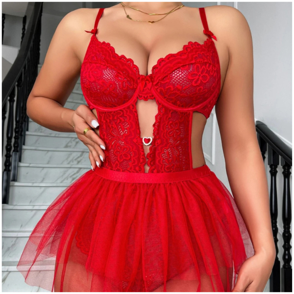 Women's Lace Lingerie Set Underwear Set Corsage Negligee Babydoll Bow Lingerie Outfit with Removable Mesh Mini Skirt Red Color Free Size - Image 3
