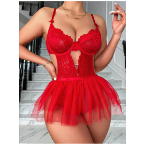 Women's Lace Lingerie Set Underwear Set Corsage Negligee Babydoll Bow Lingerie Outfit with Removable Mesh Mini Skirt Red Color Free Size