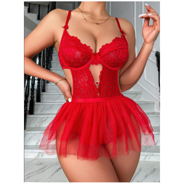 Women's Lace Lingerie Set Underwear Set Corsage Negligee Babydoll Bow Lingerie Outfit with Removable Mesh Mini Skirt Red Color Free Size
