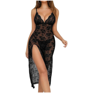 Women’s Lingerie Set Lace Babydoll Maxi Dress Sheer Nightwear with Side Slit & Adjustable Straps Elegant Lingerie for Special With G-String Occasions Free Size Black Color
