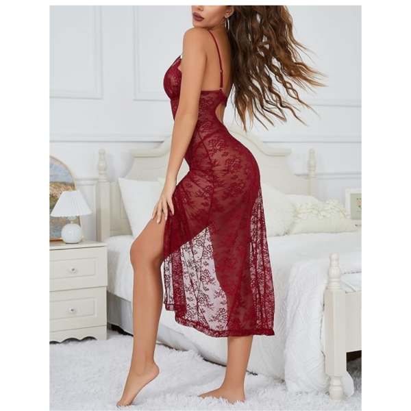 Women’s Lingerie Set Lace Babydoll Maxi Dress Sheer Nightwear with Side Slit & Adjustable Straps Elegant Lingerie for Special With G-String Occasions Free Size Maroon Color - Image 4