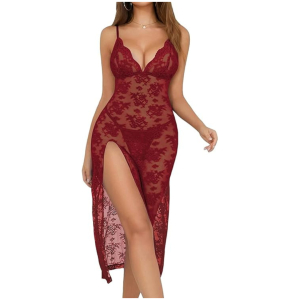 Women’s Lingerie Set Lace Babydoll Maxi Dress Sheer Nightwear with Side Slit & Adjustable Straps Elegant Lingerie for Special With G-String Occasions Free Size Maroon Color