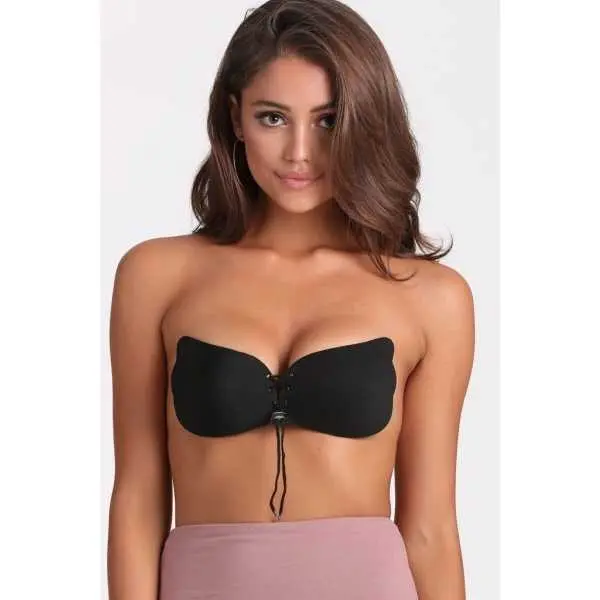 Women's Strapless Bra Self Adhesive Silicone Push Up With Drawstring- Black - Image 4