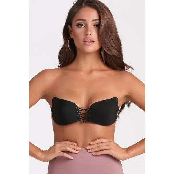Women's Strapless Bra Self Adhesive Silicone Push Up With Drawstring- Black - Image 5