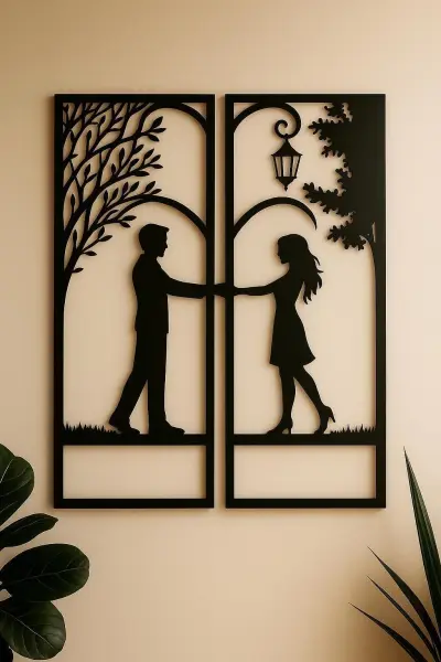 Wooden Love Couple 2pc Set Wall Canvas in Silhouette Beautiful Home Decor Art and Gift for Rooms in Black Multiple Variations