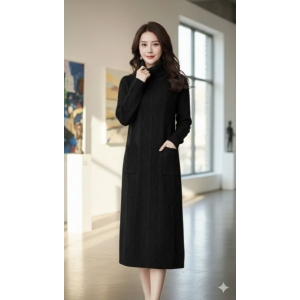 Wool Long Dress With High Neck. Front Two Pocket With Full Sleeve