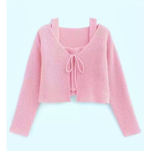 Wool Two Peice Cardigon With Strip Inner. Front Adjustable Knot.