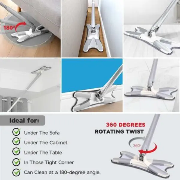 X Shape Microfiber Mop For Floor Cleaning Hands-Free Squeeze Microfiber Flat Mop System 360° Flexible Head - Image 2