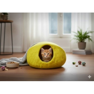 Yellow Color Felt Cat Cave, Cat Bed, Cat House, Pet Bed, Handmade 100% Wool for Cat & Kitten