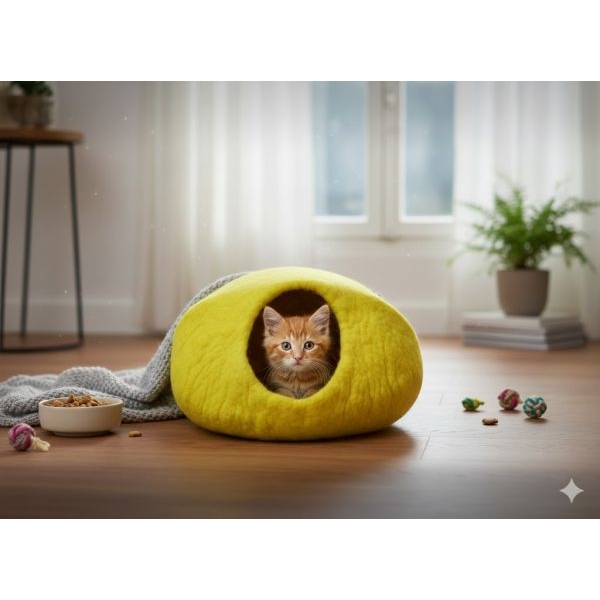 Yellow Color Felt Cat Cave, Cat Bed, Cat House, Pet Bed, Handmade 100% Wool for Cat & Kitten - Image 5