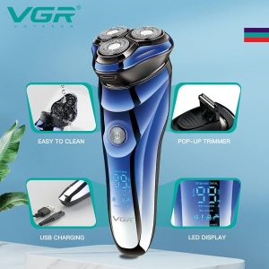 VGR V-305/V310 Premium Cordless Rechargeable IPX7 Fully Waterproof 3 Head Electric Shaver Wet & Dry Rotary Shavers with Pop-up Trimmer Super-Fast Charge 90 minutes Runtime with LED Digital Display - Blue